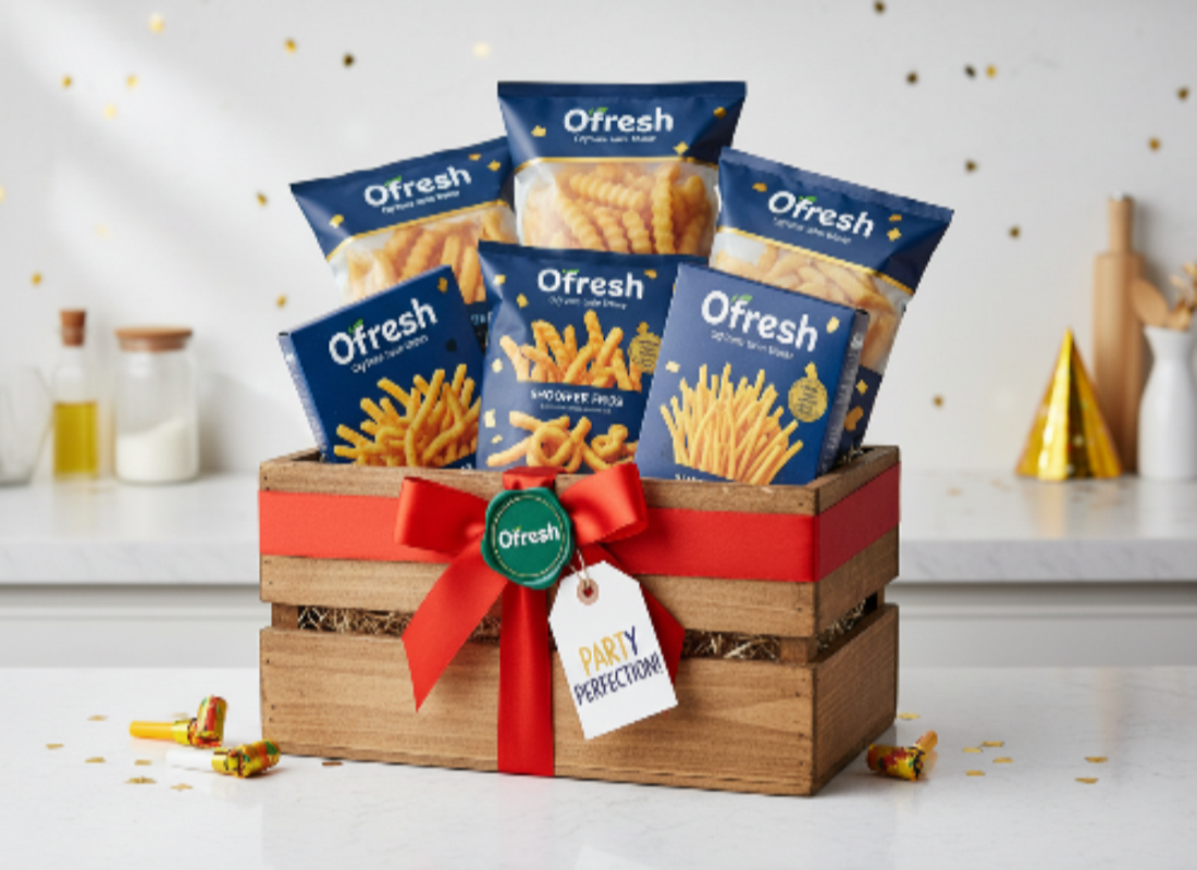 Gift basket with Ofresh snacks on a white surface